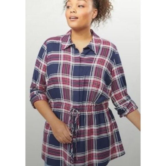 Lane Bryant Plaid Flannel Tie Waist Relaxed Button Front Tunic Top Size 26 / 28 - Picture 1 of 9